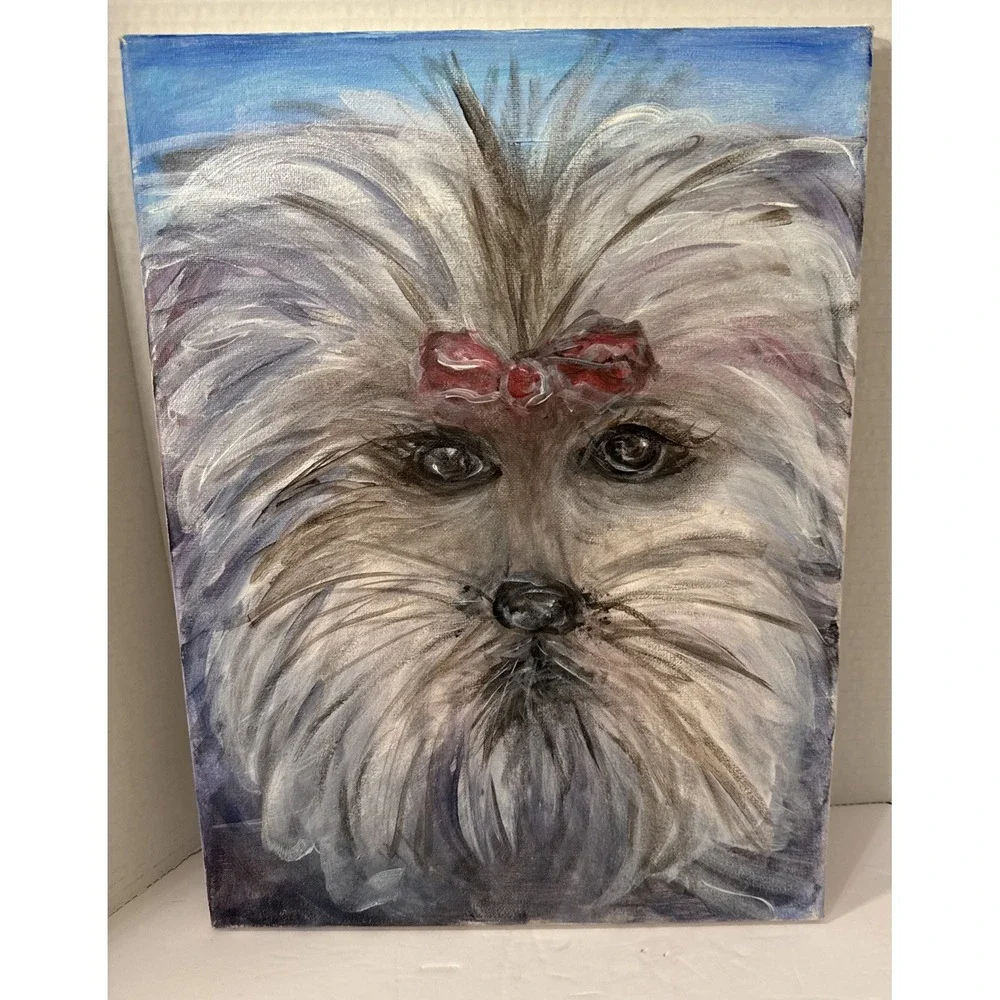 One Of A Kind-Original Yorkie Terrier Dog Painting-ART-Colorful-Pink Bow-Canvas